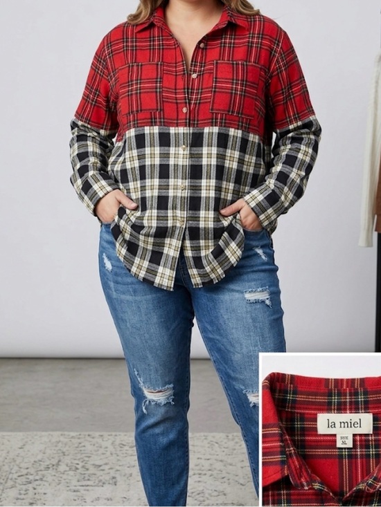 LA MIEL Jackets & Blazers - LA MIEL Red and Black Two-Tone Plaid Shirt